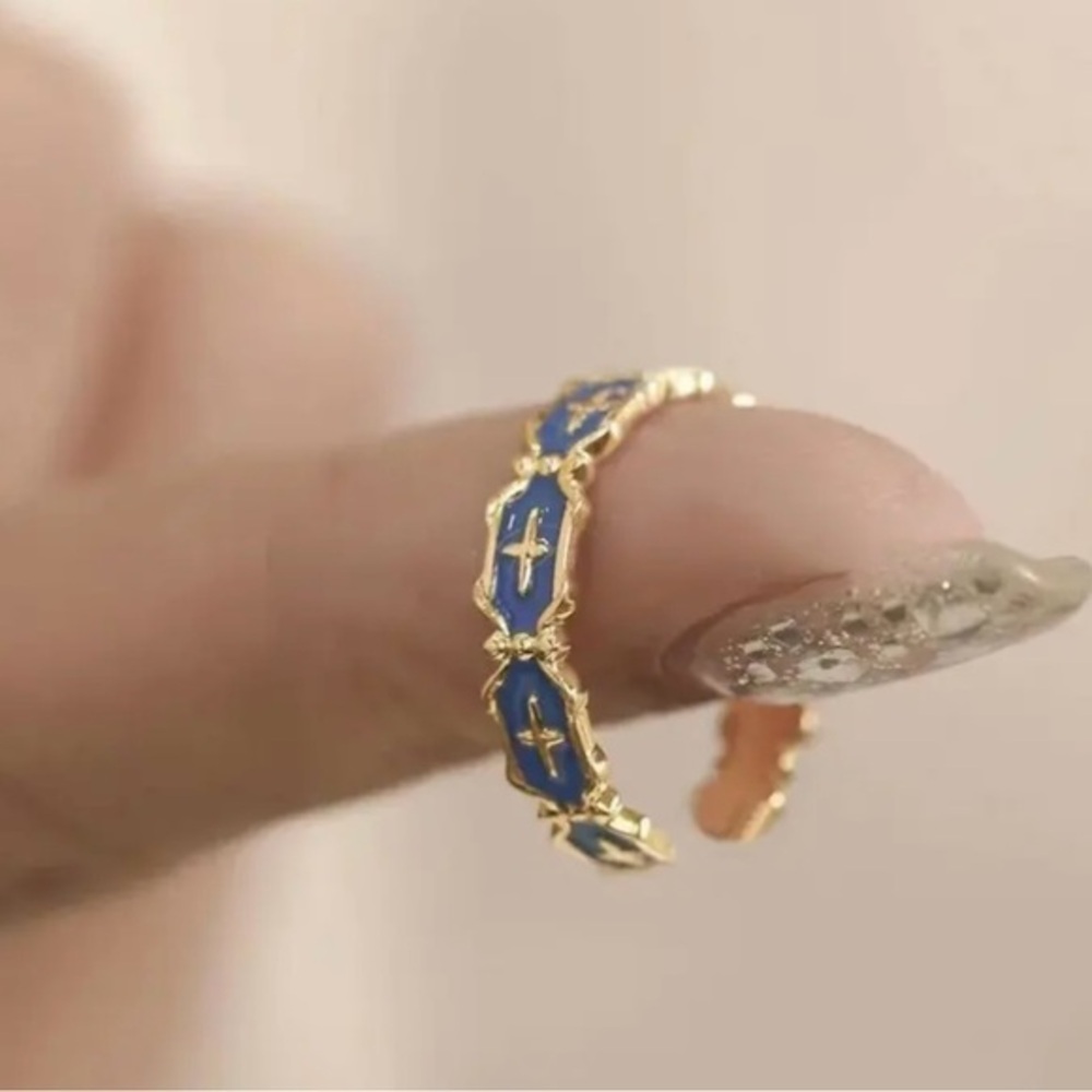Vintage Ring Cuff Ring Gold plated & Blue Cross Trendy Shape Fashion Jewelry